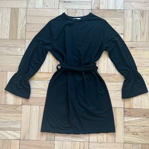 Zara black jersey dress with attached waist ties and bell sleeves. Size S.